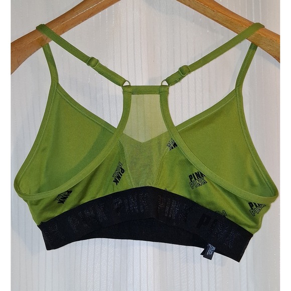 PINK‎ by Victoria Secret Sport Bra Size S Green All Over Logo Racerback Active - Picture 2 of 4
